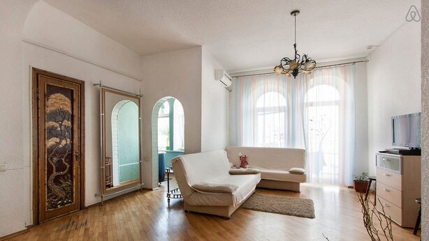 A spacious living room with a sofa, a television, and a decorative plant. - Podol Apartment (Kyiv)