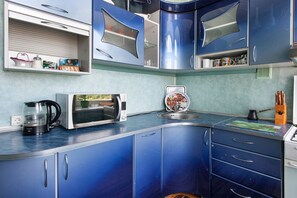 Apartment, 4 Bedrooms (Andreevskiy spusk, 11) | Private kitchen | Fridge, microwave, stovetop, electric kettle - Podol Apartment (Kyiv)