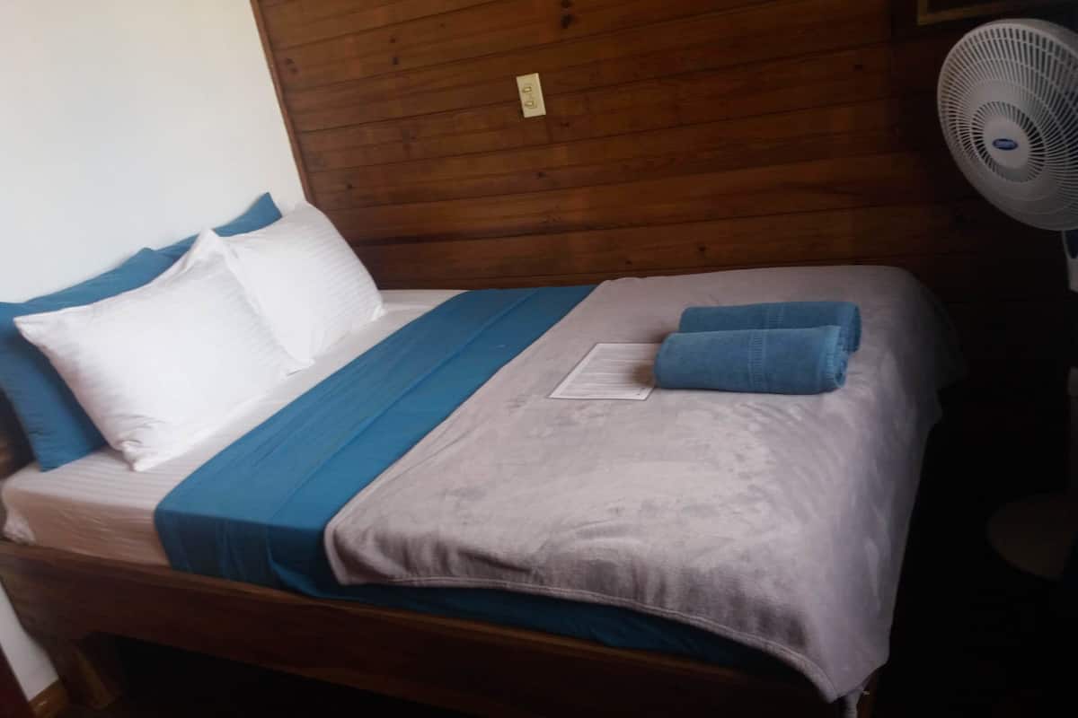 A bed with a wooden headboard, a blue blanket, and a white pillow.