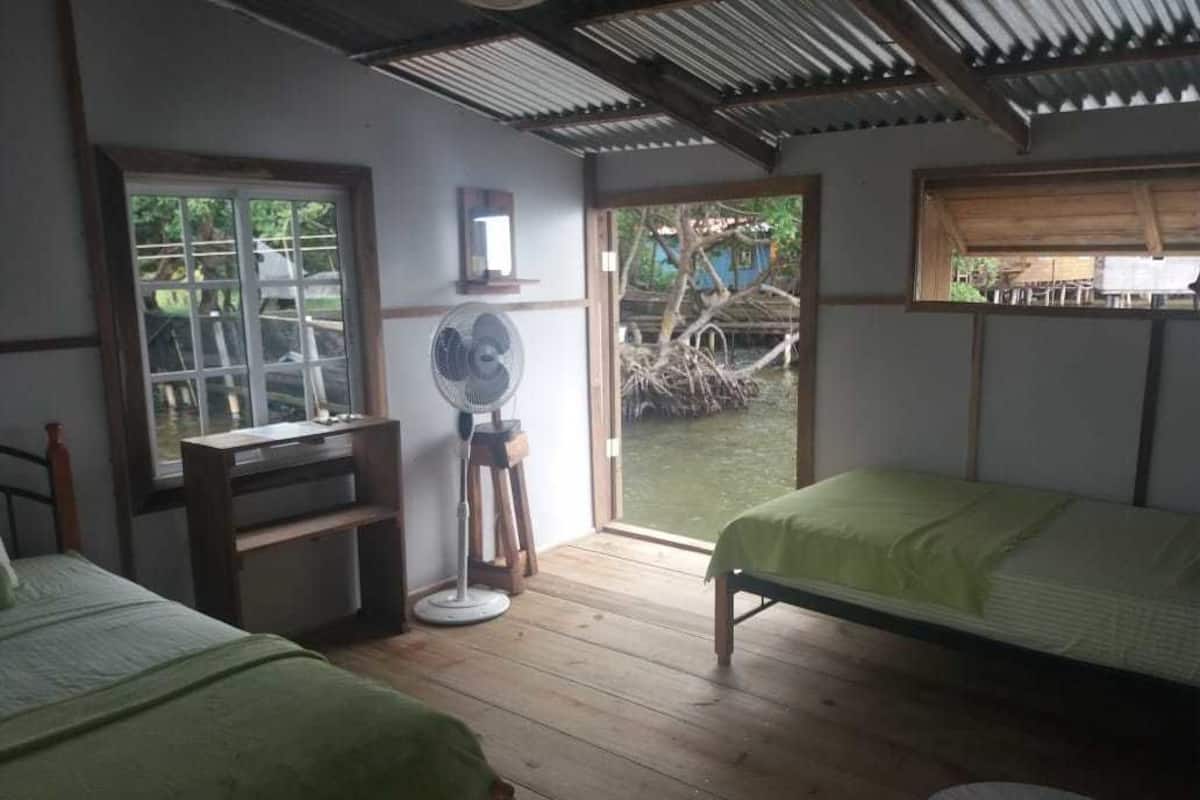 A room with two beds, a fan, a desk, and a window overlooking a natural area.