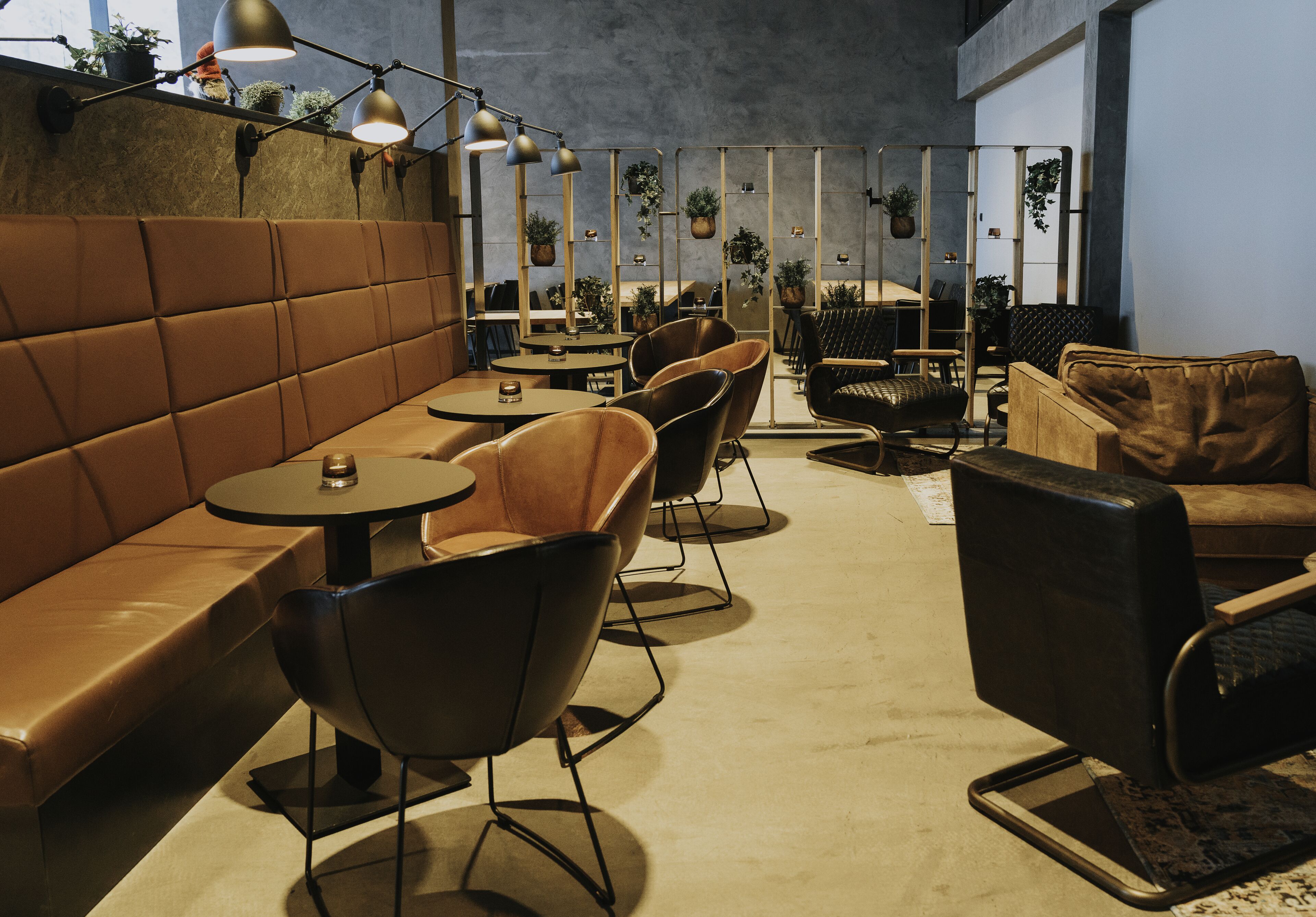 A modern lounge area with leather seating, tables, and hanging plants.