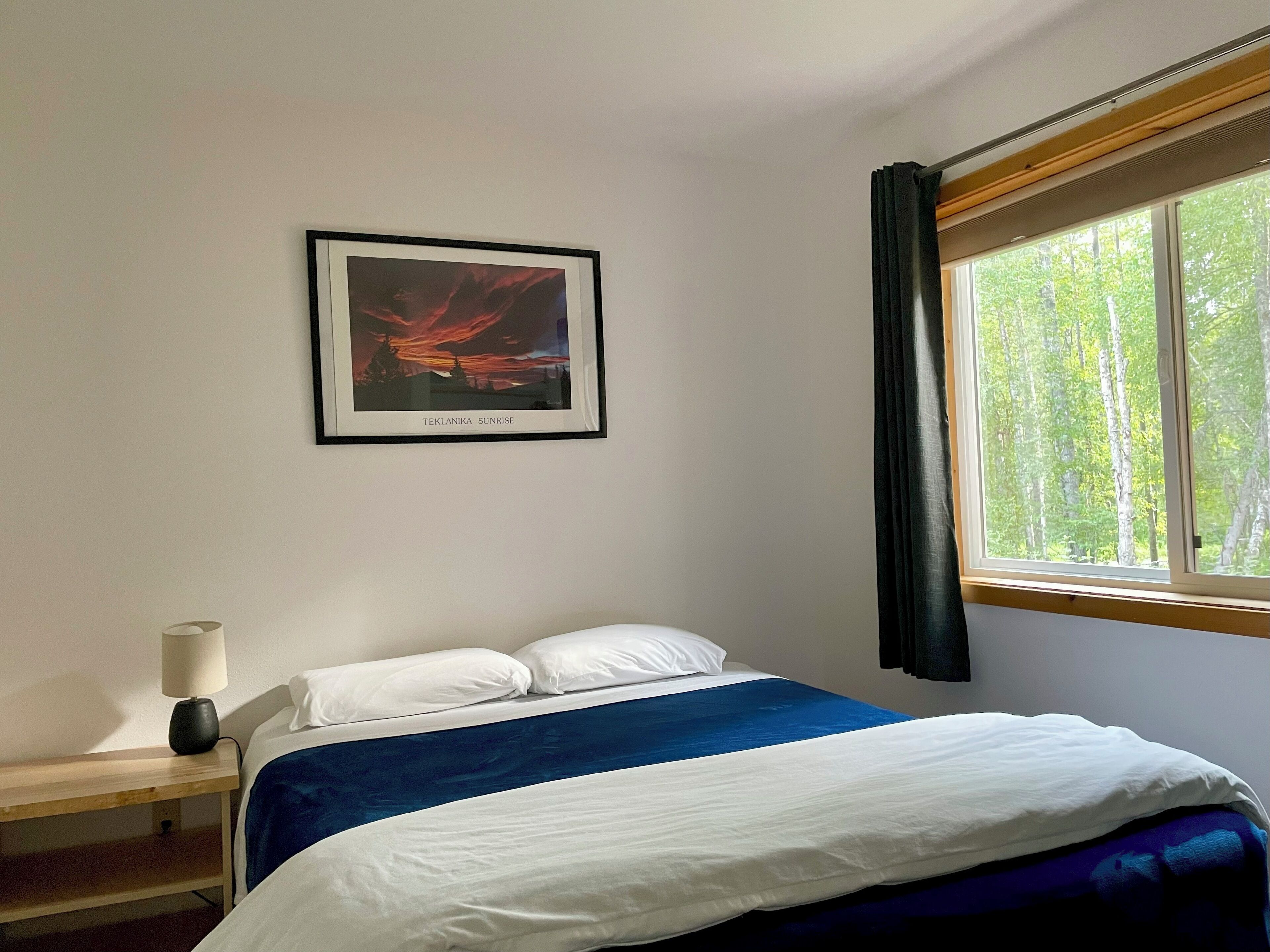 A hotel room with a bed, a nightstand, a lamp, a framed picture, and a window with a view of trees.