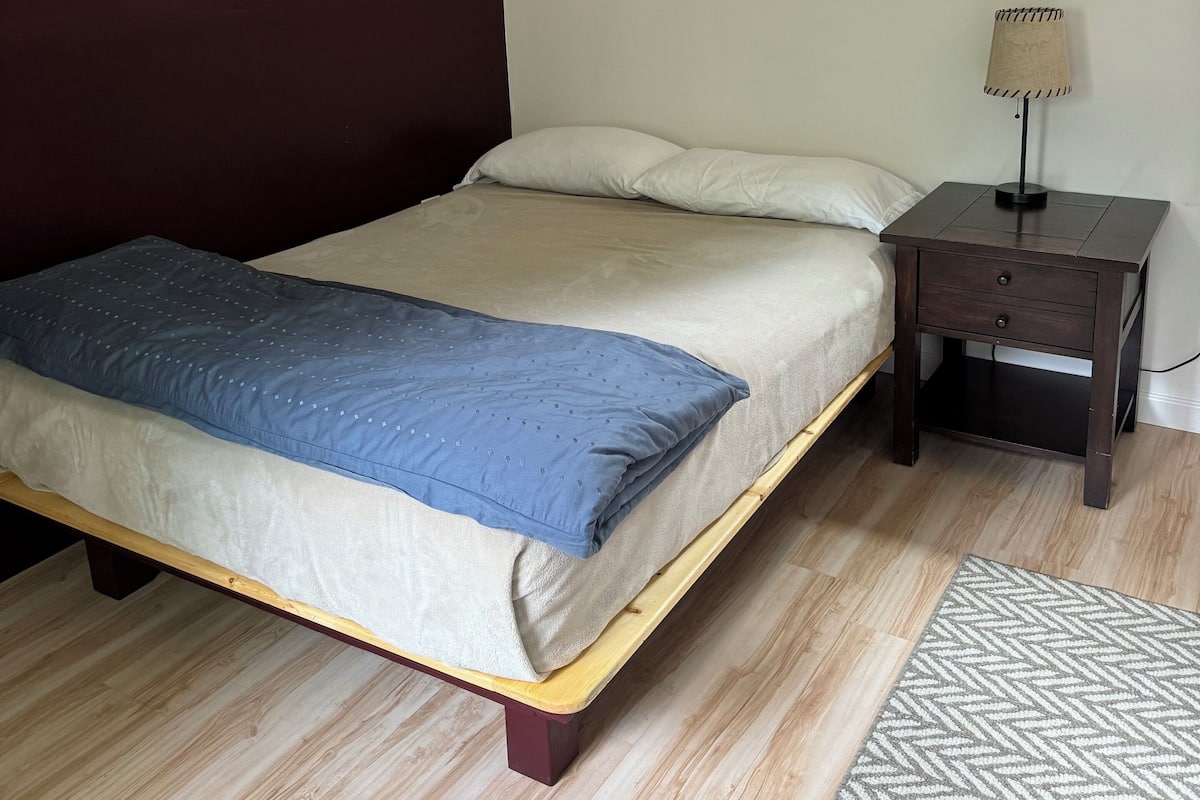 A bedroom with a bed, a nightstand, a lamp, a window, and a patterned rug.
