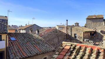Vista de un pueblo histórico con edificios tradicionales, muros de piedra y tejados de teja.