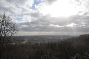 Une vue panoramique d’une ville où se côtoient des bâtiments résidentiels et commerciaux, le tout entouré d’arbres et de vastes champs.
