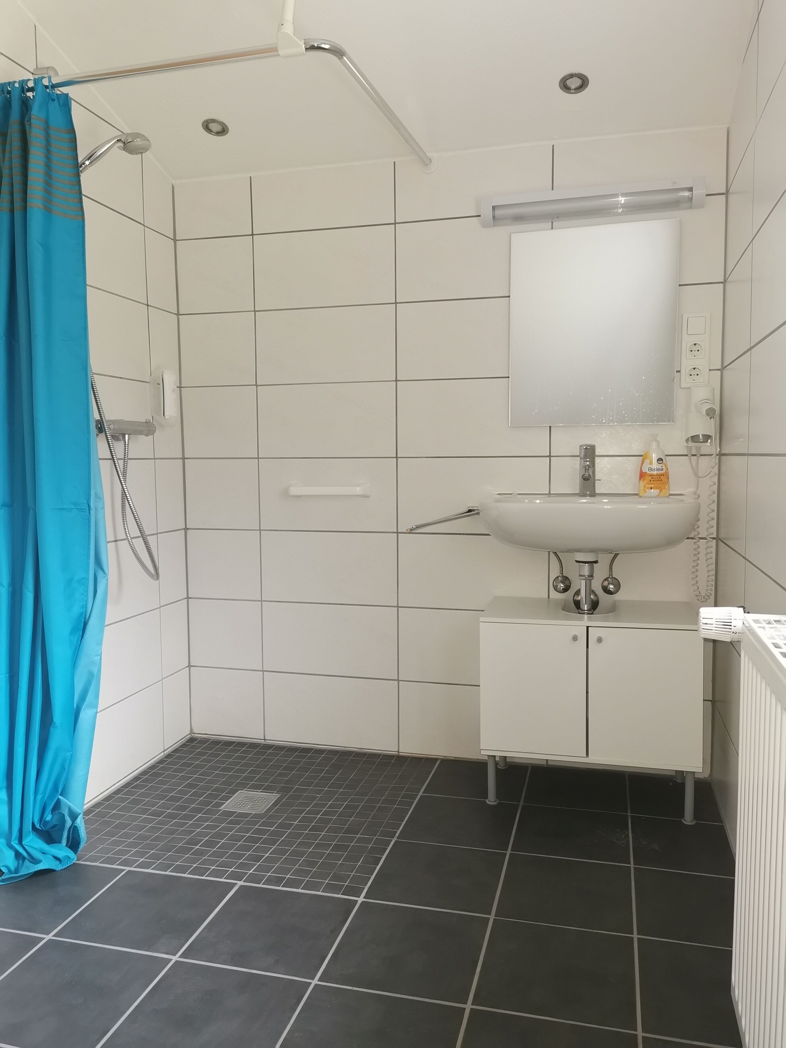Un baño con ducha, lavamanos y espejo.