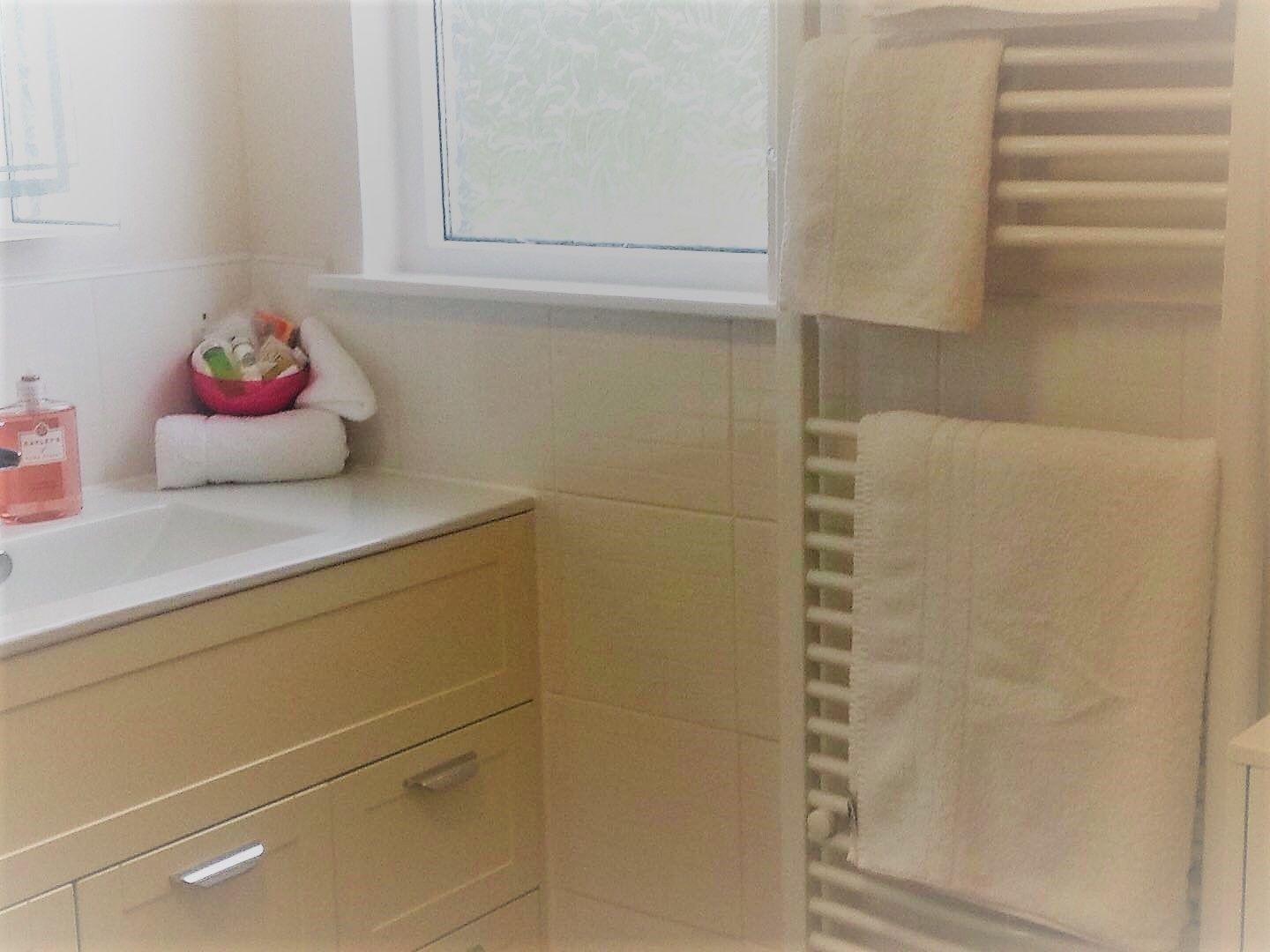 A bathroom with a white sink, a mirror, a window, and a towel rack.