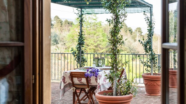 A patio with a table set for two, surrounded by potted plants and a metal railing. - Tenuta degli Obizzi (Montecarlo)