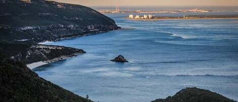 A coastal landscape with a prominent rock formation in the water, a distant bridge, and a city skyline in the background.