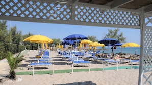 Ein Strand mit Reihen von blauen und gelben Liegestühlen unter Sonnenschirmen, einer Holzpergola und freiem Blick auf das Meer.