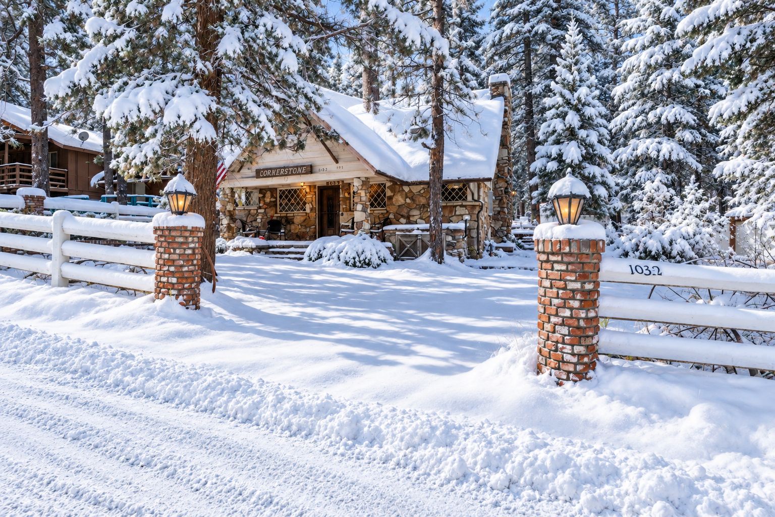 A stone building with a sign reading 'Cornerstone' and a number '1032' on a snow-covered property.
