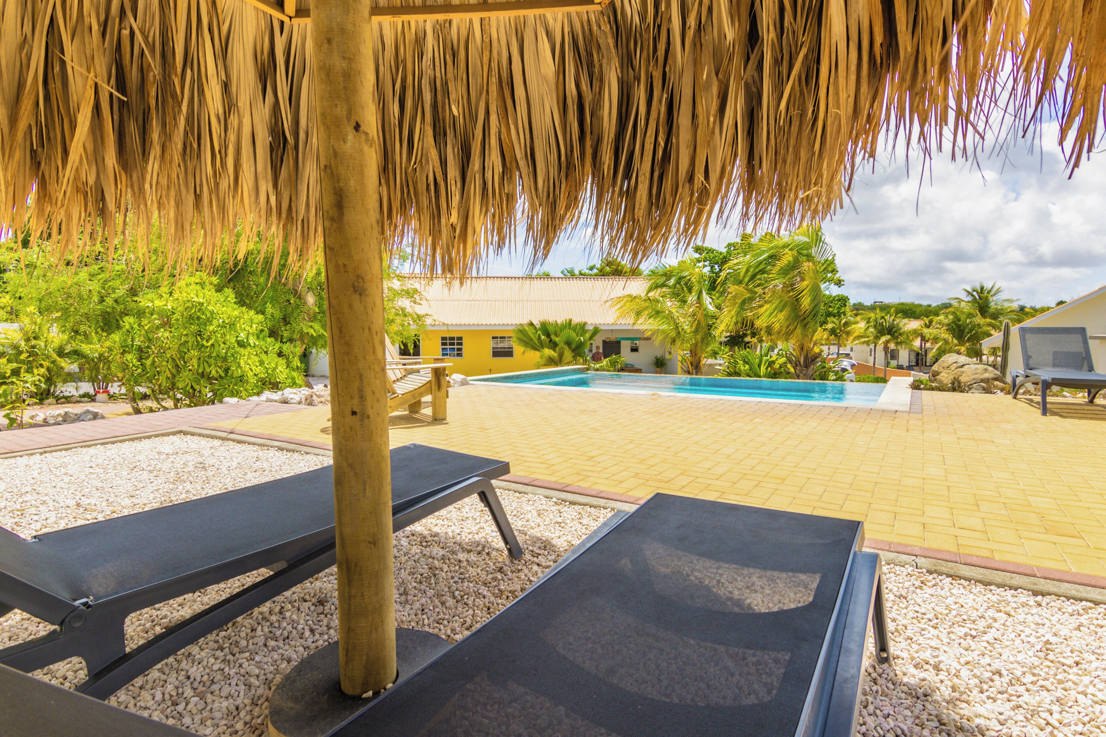 An outdoor pool area with lounge chairs, a thatched roof, and a building in the background.