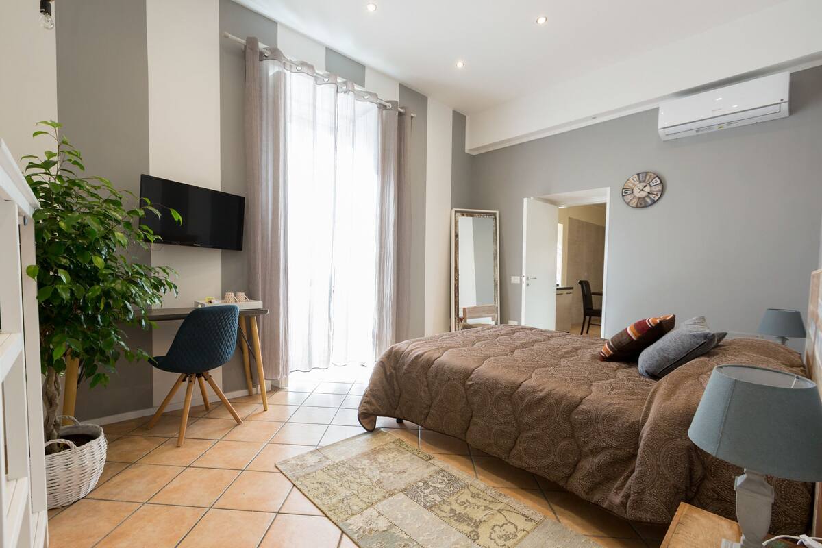 Ein Schlafzimmer mit Bett, Schreibtisch, Stuhl, Fernseher, Spiegel und einer Pflanze.