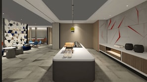 Un vestíbul d'hotel modern amb una recepció central, zona de seients i dissenys murals geomètrics.