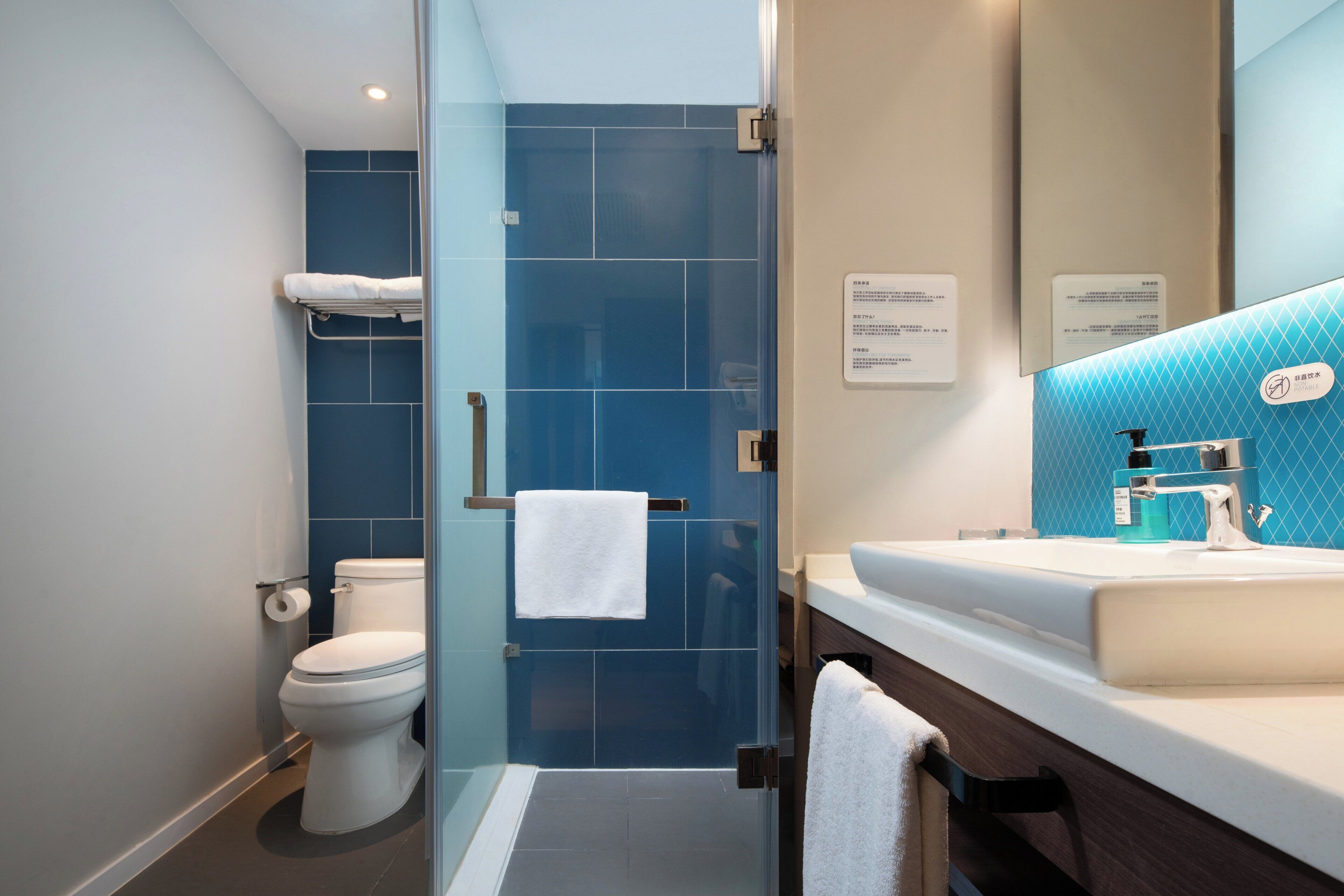 A modern bathroom with a glass shower enclosure, a toilet, a sink with a mirror, and a towel rack.