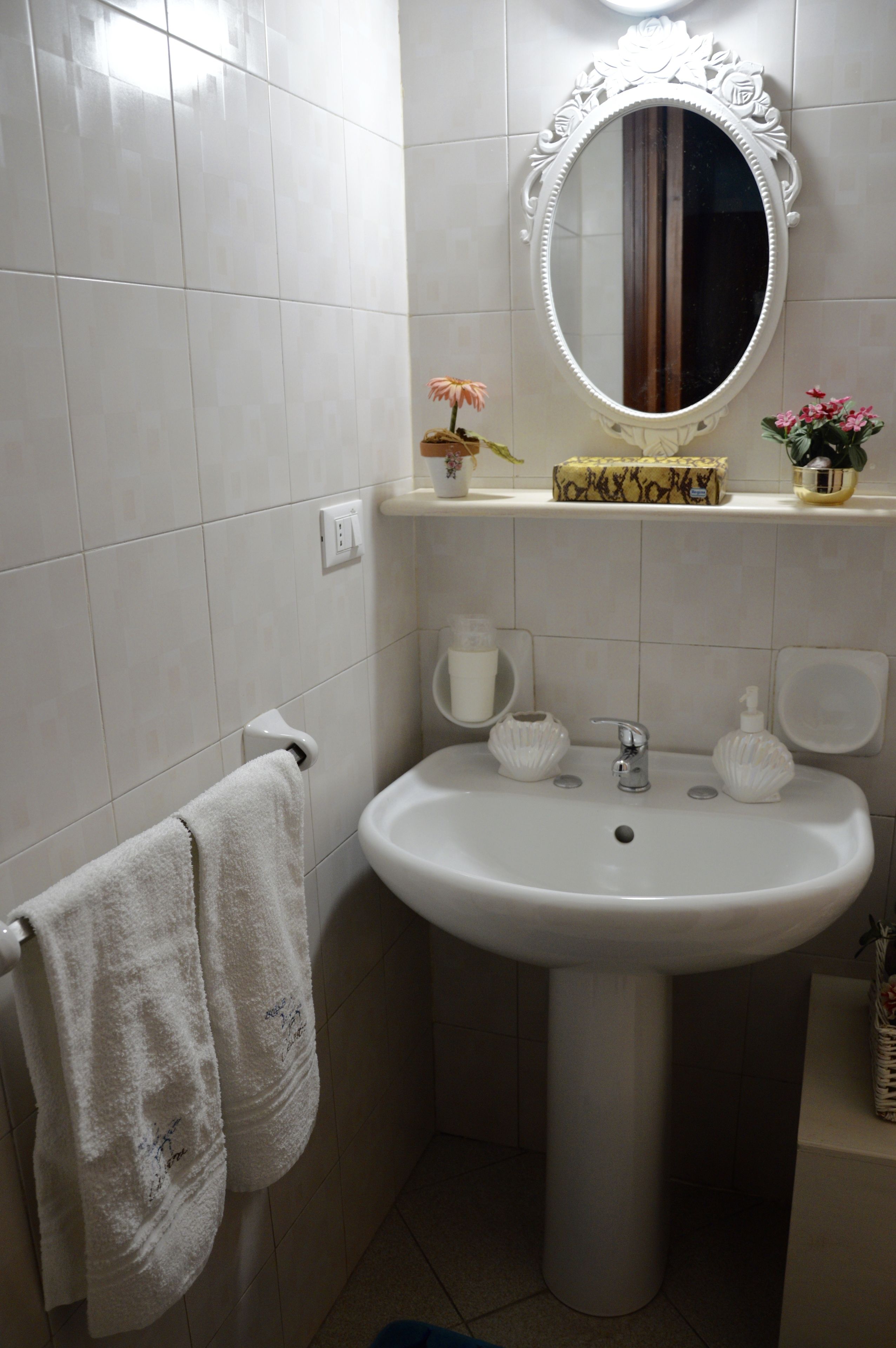 Une salle de bain avec un lavabo blanc, un miroir doté d’un cadre orné, un porte-serviettes et une étagère contenant des articles de toilette et un pot de fleurs.