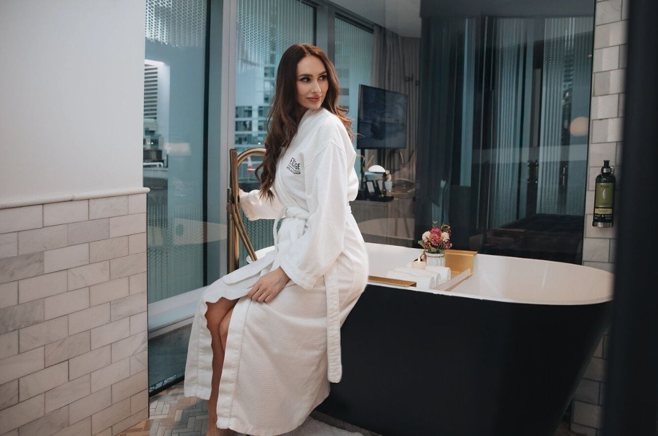 pender suite - dividend floor | bathroom | designer toiletries, hair dryer, bathrobes, slippers