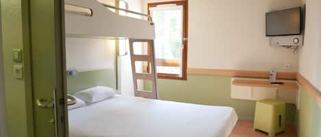 Premium bedding, desk, laptop workspace, blackout curtains