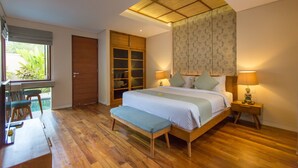 A bedroom with a large bed, a wooden bench, a desk, and a wardrobe. - 1BR Villa, DAILY HOUSE KEEPING! - W/Swimming Pool! (Seminyak)