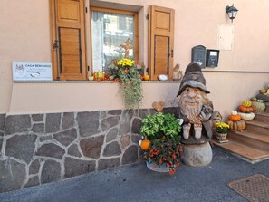 A stone wall, wooden shutters, a gnome statue, and a mailbox.