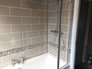Combined shower/bathtub, hair dryer, towels, soap