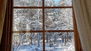 A window with a view of a snowy forest. - Näset 4 Green Cabin in Småland with boat (Vena)