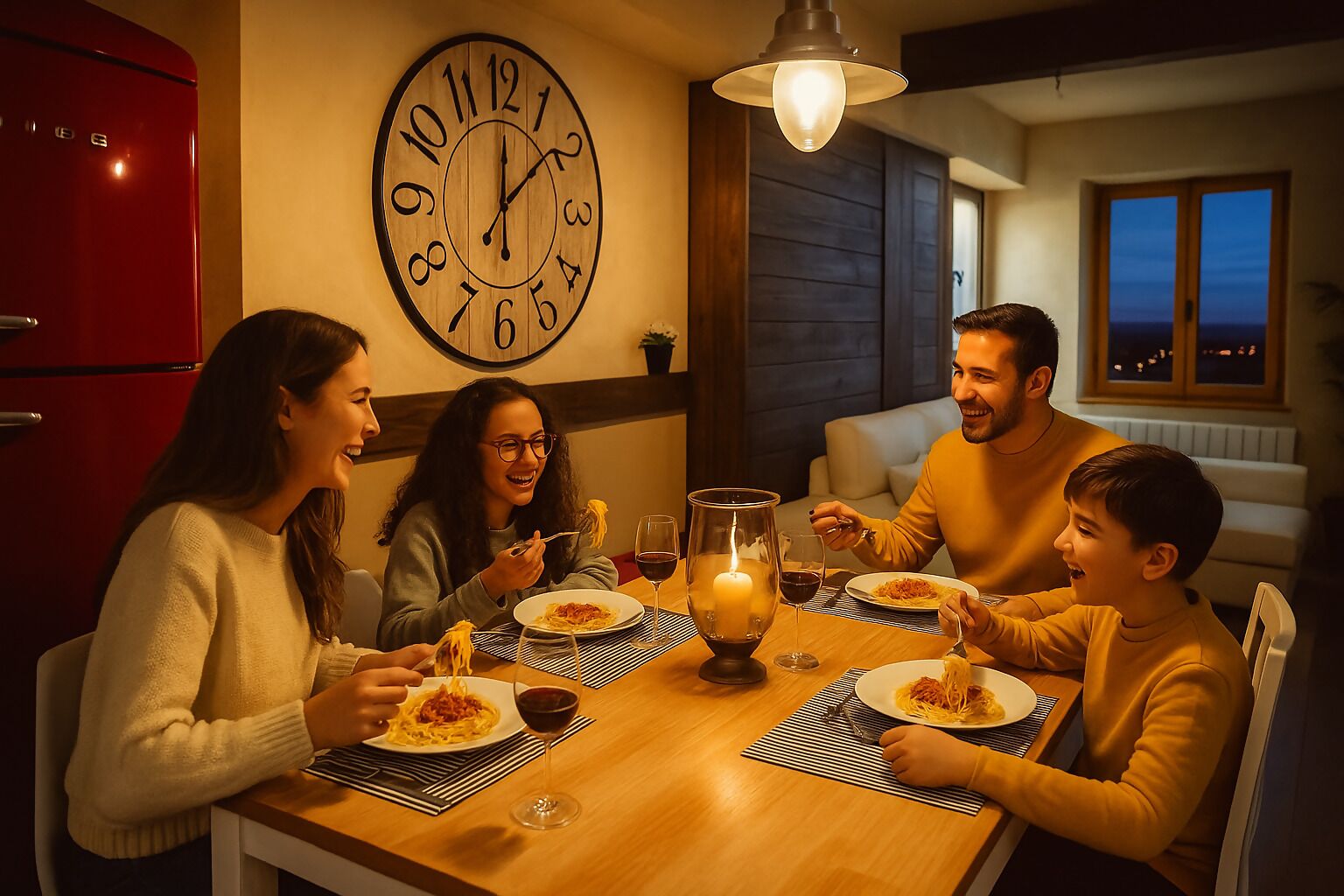 Una familia cenando en una mesa de madera con un reloj de pared grande, una vela encendida y vistas del cielo nocturno a través de una ventana.