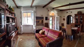 Smart TV, caminetto, lettore DVD, libri