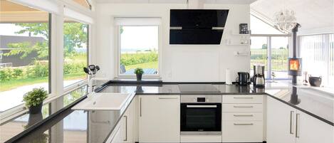 Fridge, stovetop, dishwasher, coffee/tea maker