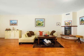 Télévision, cheminée, lecteur de DVD, chaîne hi-fi