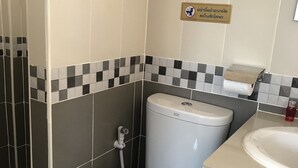 Un baño con inodoro, lavamanos y ducha.