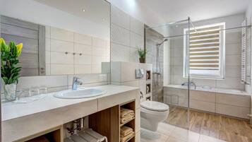 A modern bathroom with a double sink, a toilet, and a glass-enclosed shower.