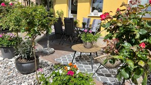 Terrassa exterior amb taula i cadires, envoltada de plantes en testos i un edifici groc.