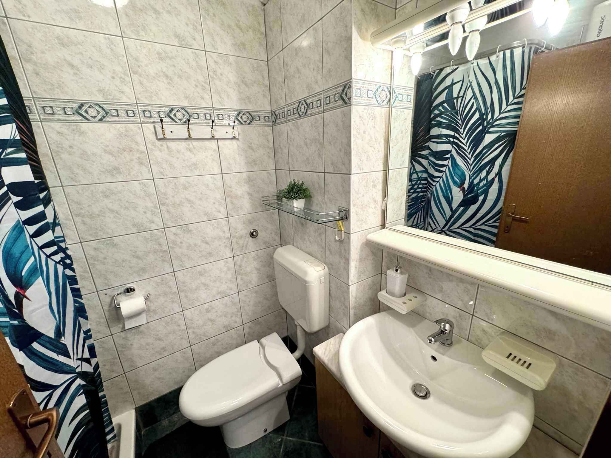 A bathroom with a toilet, sink, and mirror. There is a patterned shower curtain and a small plant on a shelf.