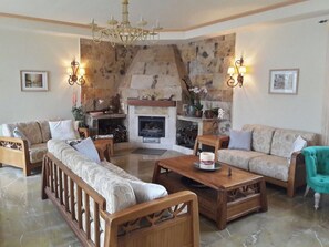 Televisie, een open haard, een dvd-speler en boeken