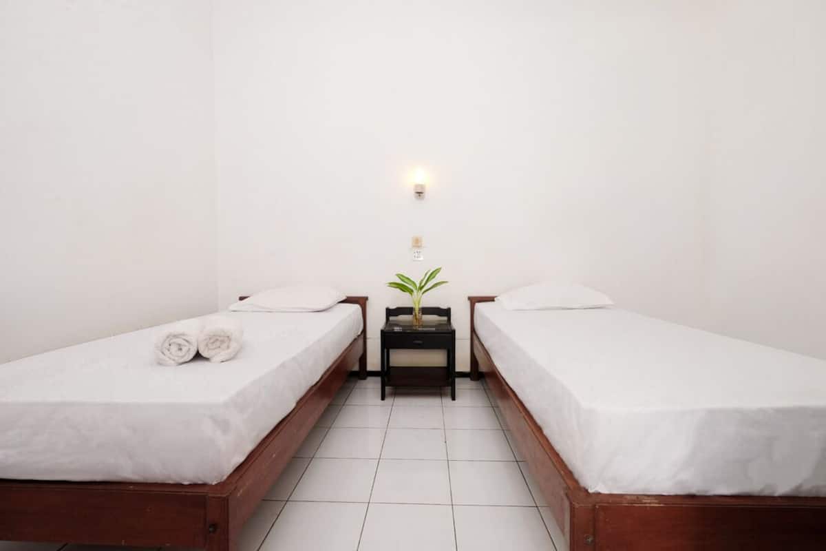 A small, clean room with two single beds, a nightstand with a plant, and a wall-mounted light.