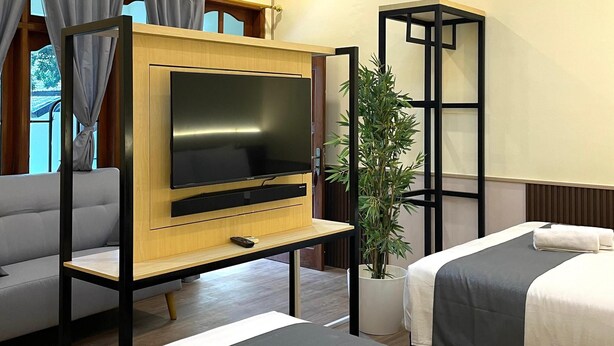 Habitación de hotel con televisor sobre un soporte de madera, sofá, cama con toallas, planta en maceta y unidad de aire acondicionado.