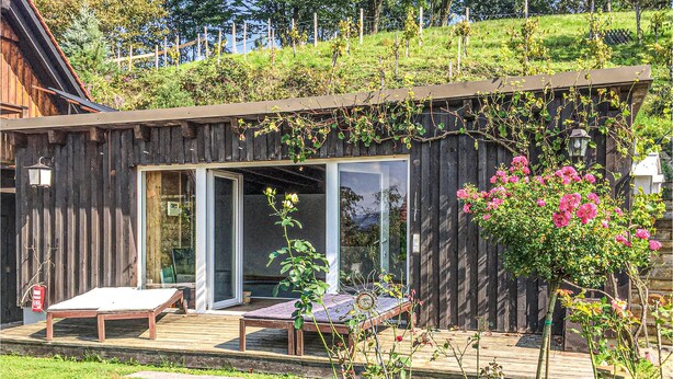 Una cabaña de madera con un porche, una puerta corrediza de vidrio y un jardín con flores rosadas.