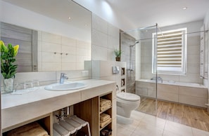 Shower, hair dryer, towels, soap