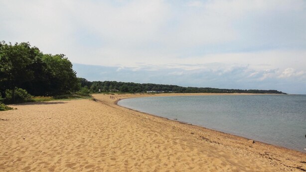A wide sandy beach with a calm sea, a line of trees, and a distant shoreline. - 1 bedroom awesome home in Simrishamn (Simrishamn)