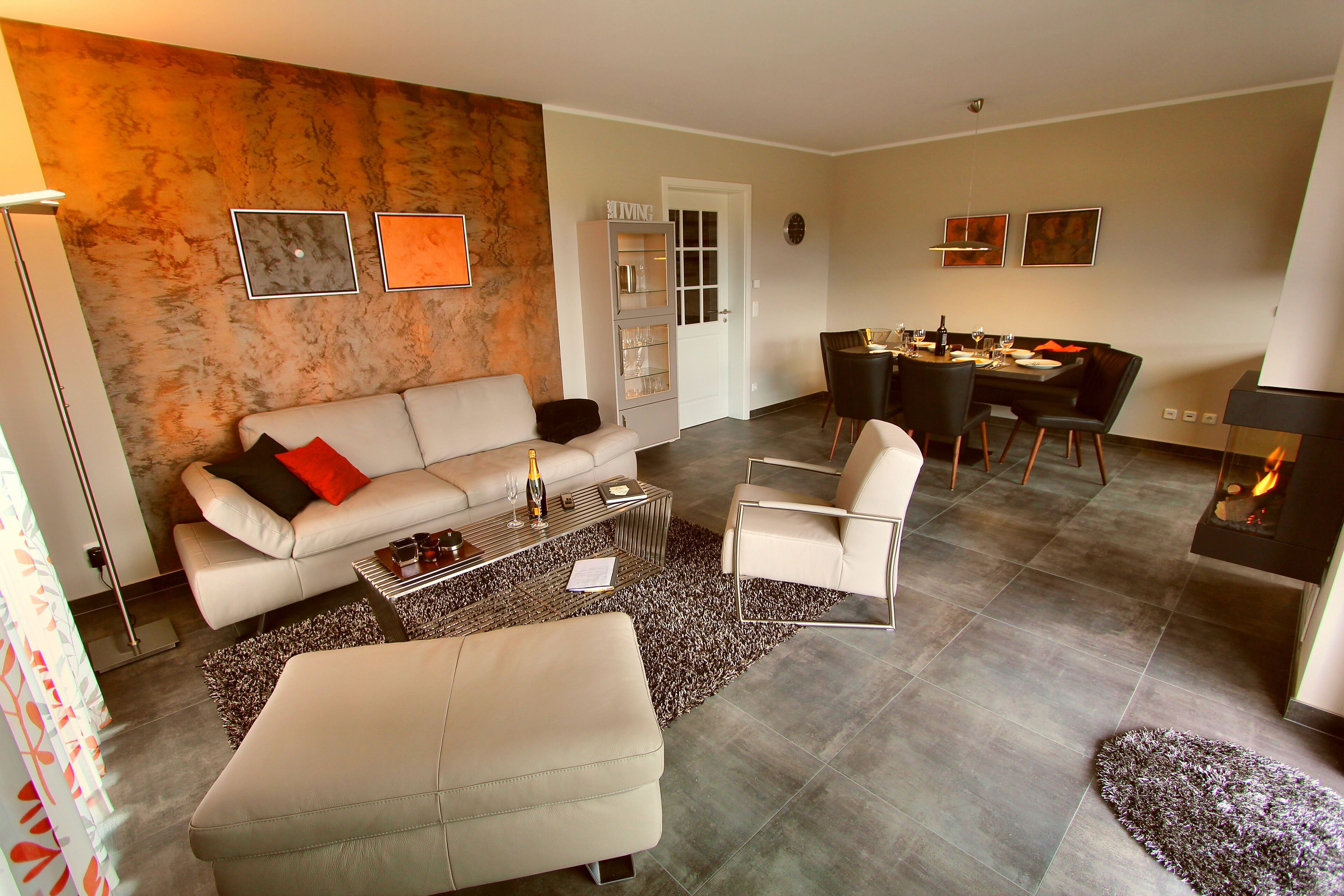 Flat-screen TV, fireplace