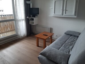 A living room with a grey sofa, a wooden table with a remote, a TV on a stand, and a window with curtains. - Renovated apartment on 2nd floor, near the beach in Seignosse (Seignosse)
