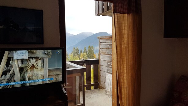 A room with a television displaying a program, a wooden deck with a railing, and a view of mountains through an open door.