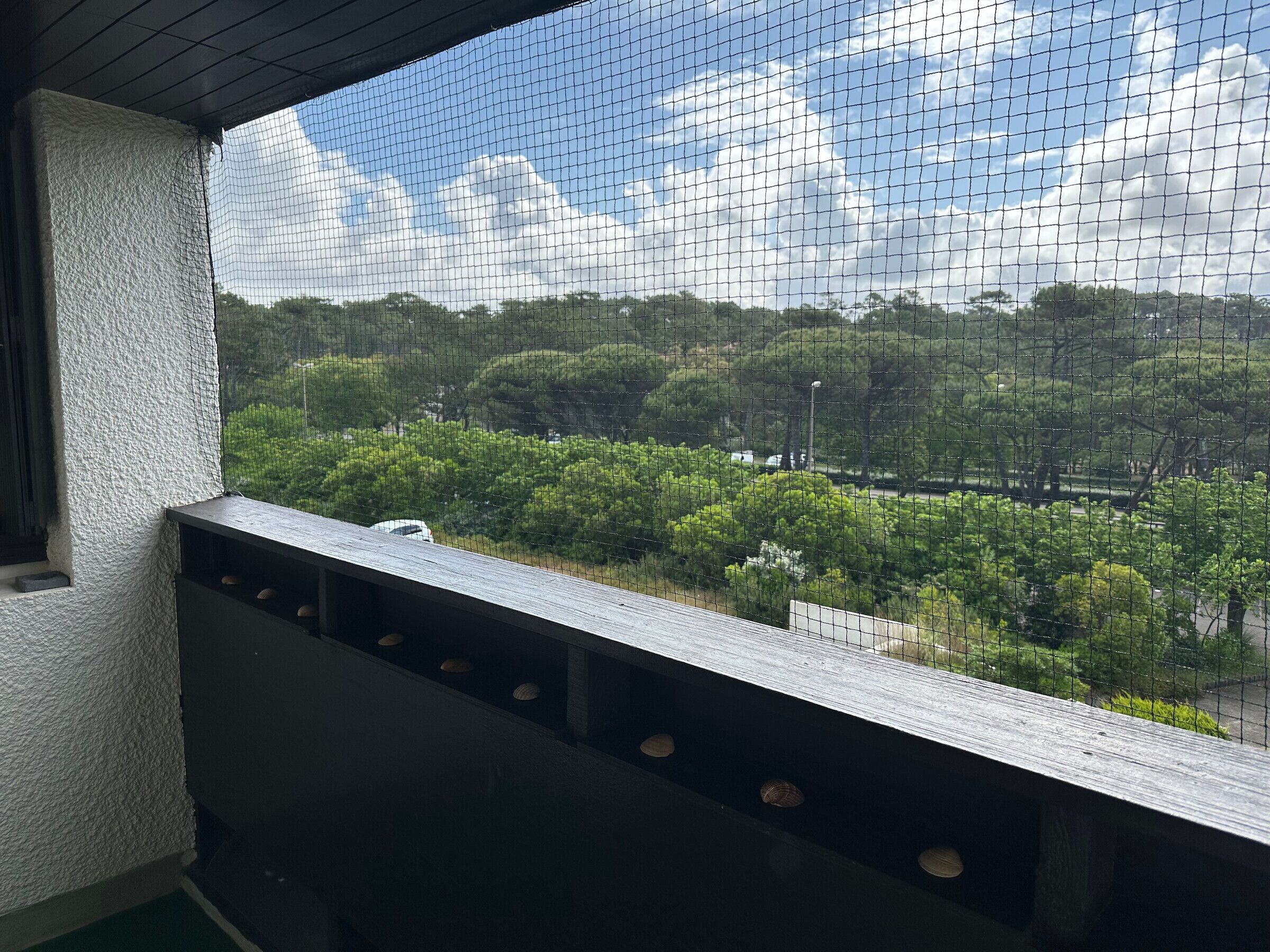 Varanda com vista para um parque e uma rua.