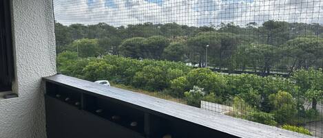 Varanda com vista para um parque e uma rua.