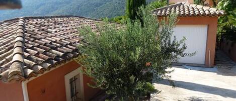 A house with a tiled roof, a garage, and a garden with a tree.