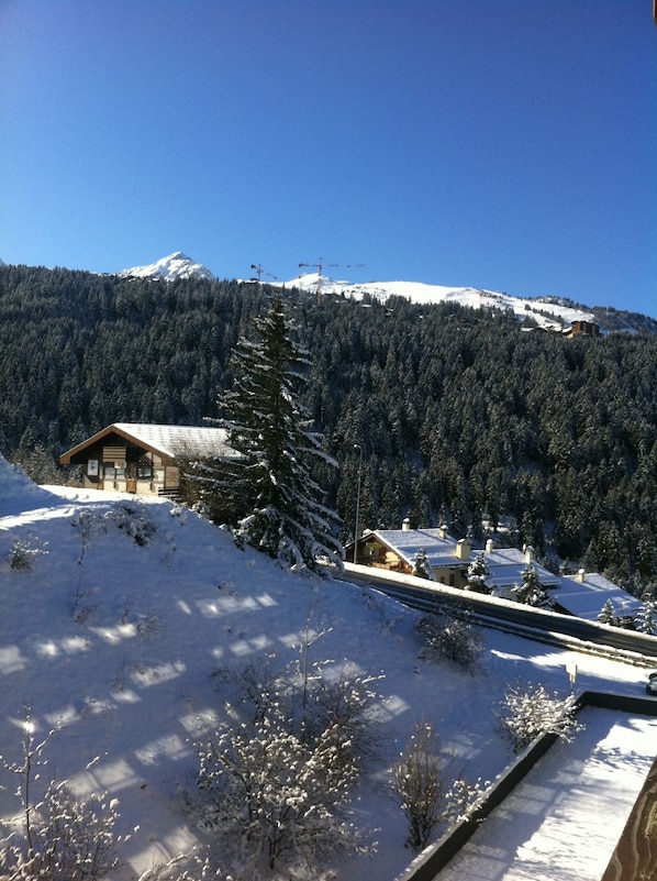Eine Holzhütte mit schneebedecktem Dach, umgeben von Wald und einem Berg im Hintergrund.