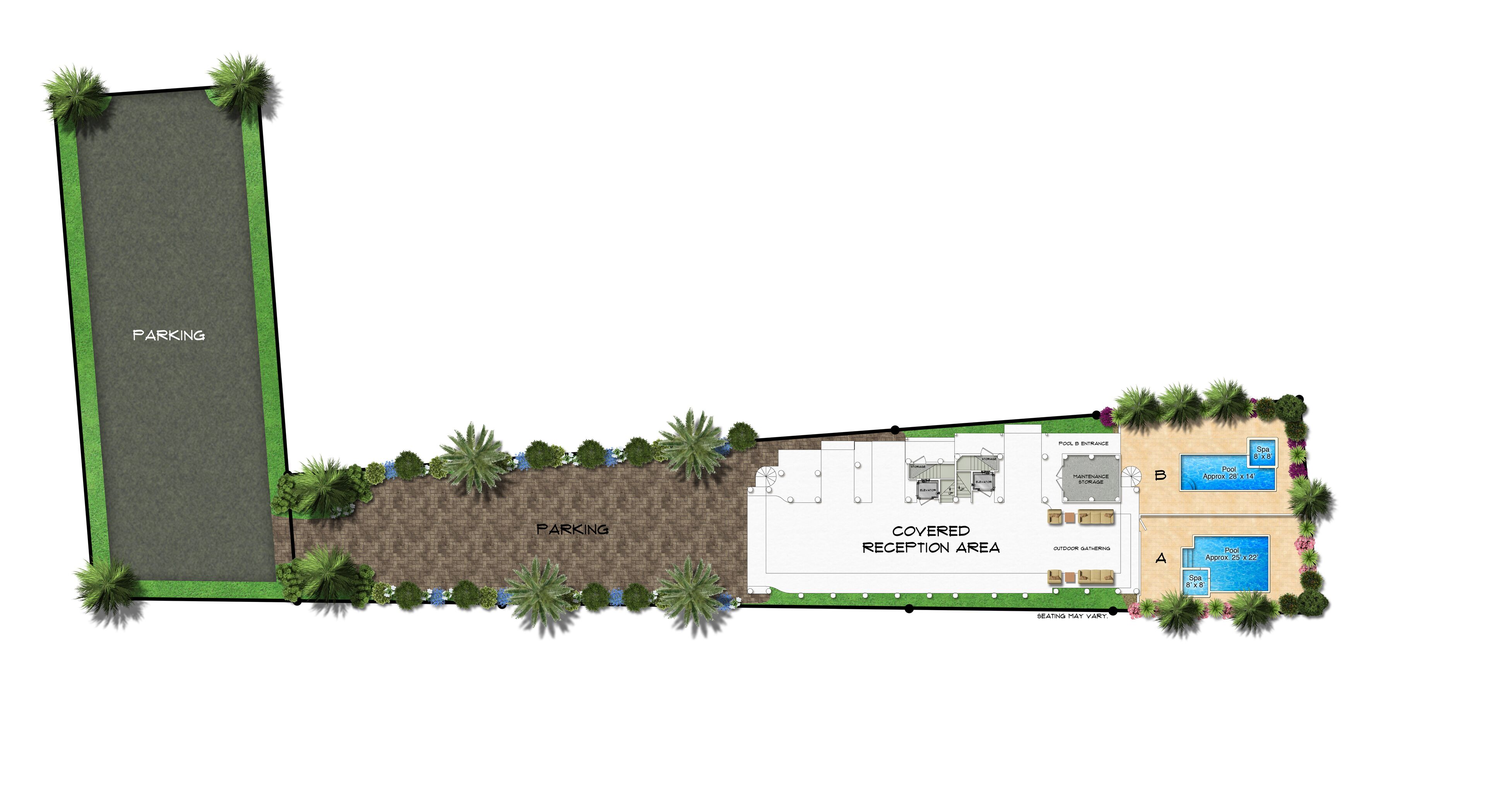 Plan d’étage d’un hôtel comprenant un parking, une réception, un espace de réception couvert et deux piscines avec des zones de spa.