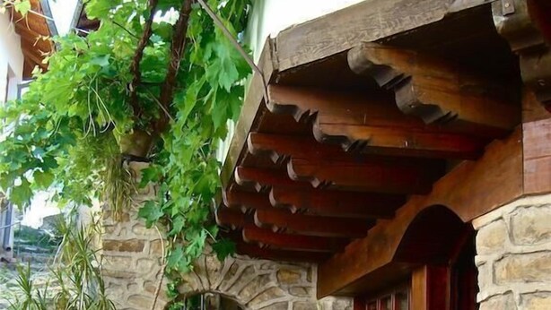 A stone building with a wooden door and windows, potted plants, and a stone staircase.