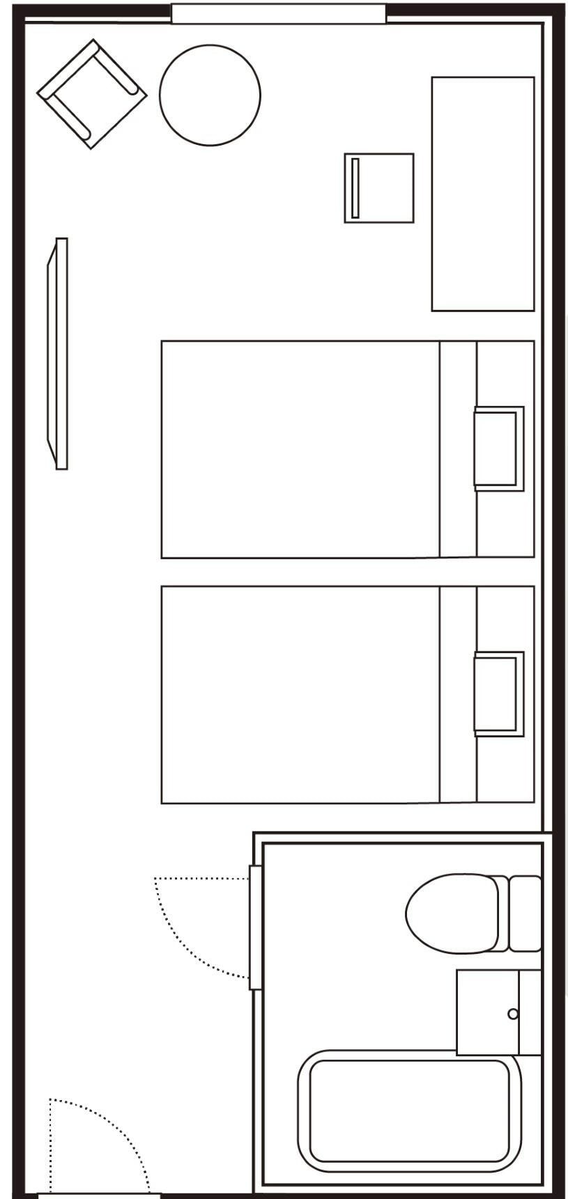 A floor plan of a hotel room with a bed, a desk, a chair, a wardrobe, and a bathroom.